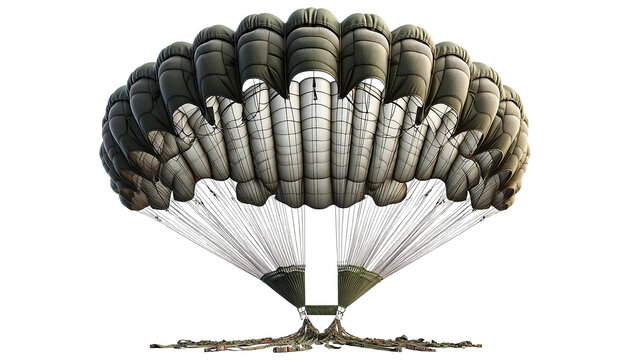Military parachute isolated on a white background. The parachute features a large, durable canopy with suspension lines, harness, and rigging. 