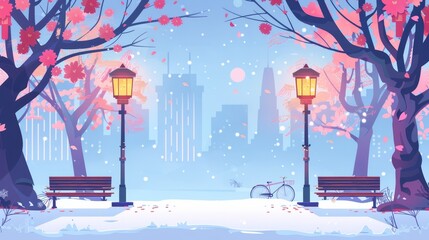 An illustration of a winterly park with snow and a street cafe with silhouettes of high-rise buildings. Landscape with cyclists, blossoming trees, lanterns, and wooden benches.
