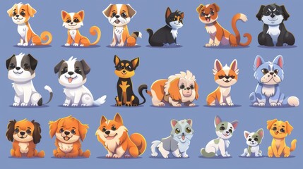 Cartoon illustration set of cute and funny cartoon pets. Illustrations of dogs and cats in flat styles.