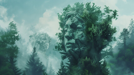 Surreal forest scene with stone faces integrated into trees.