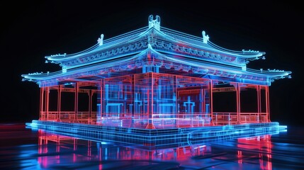 An illuminated transparent grand Chinese palace architecture at night, in the style of cyberpunk
