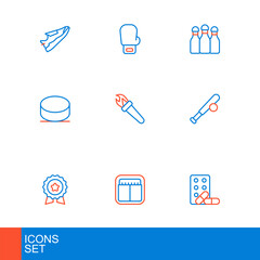 Set line Sports doping with dumbbell, mechanical scoreboard, Medal star, Baseball bat ball, Hockey puck, Torch flame, Bowling and Boxing glove icon. Vector
