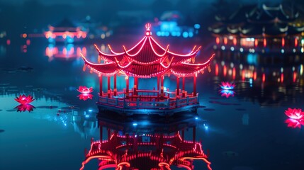 chinese traditional garden landscape at night, cyberpunk style