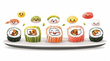 Cartoon sushi roll character isolated on white background modern illustration. Funny anime cartoon sushi face icon. Comical sushi roll cartoon.