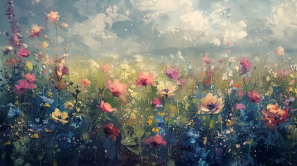 An exquisite and captivating oil painting of intricate floral patterns, showcasing the beauty of blooming flowers and lush foliage. Perfect for enhancing backgrounds, cards, banners, and lifestyle the