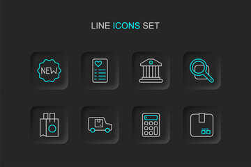 Set line Carton cardboard box, Calculator, Delivery cargo truck, Paper shopping bag, Magnifying glass, Bank building, Shopping list and Price tag with New icon. Vector