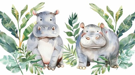 Hand-drawn hippopotamus baby and mother cartoon animal illustrations. Jungle tree, brazil trend. Aloha collection.