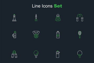 Set line Racket, Fitness shaker, Golf ball on tee, Sport expander, Tennis racket, Medal and bag with clubs icon. Vector