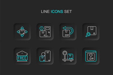 Set line Online app delivery tracking, Scale with cardboard box, Carton, Free storage, Search package, Return, Home services and icon. Vector