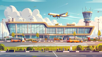 A landscape with a modern airport building, buses, special transportation and an airplane taking off in the sky. A colorful cartoon modern illustration of the airport, runway, and plane.