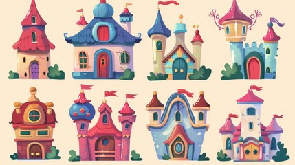 Set of modern cartoon children's buildings. Nursery design for map creator. Modern illustration.
