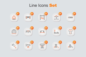 Set line Slide playground, Attraction carousel, Swing plane, Toy horse, Mushroom house, Bumper and Monkey bar icon. Vector