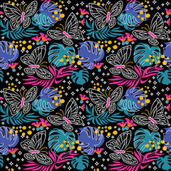 Fototapeta premium Line butterfly seamless pattern of butterfliesbuterflies set of spring. Used as design for background, wallpaper, wrapping, fabric, textile fashion wearing.
