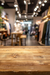 A wooden display table in the foreground with a blurred background of a fashion boutique. The background features stylish clothing racks, mannequins dressed in the latest fashions.