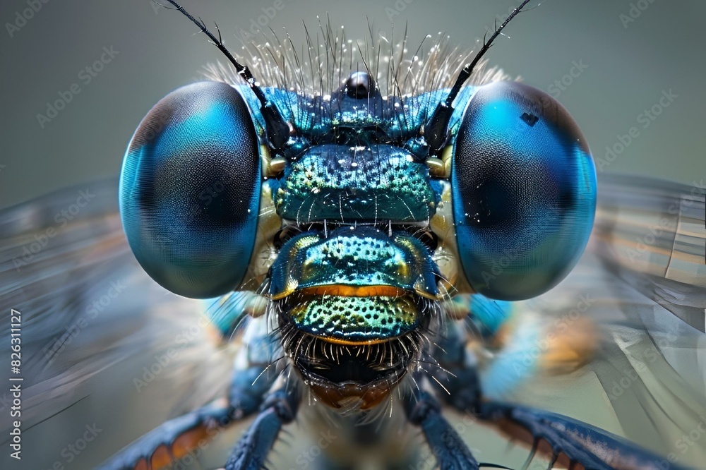 Canvas Prints AI generated illustration of a close-up of a dragonfly's head and legs, with striking blue eyes