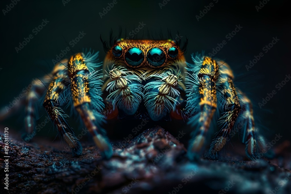 Wall mural AI generated illustration of a close-up of a Hyllus spider on a black background