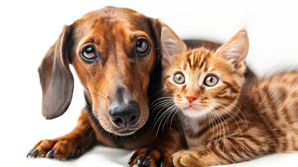 A photo shows a cat and dog sitting together and looking at the camera with a white background.
