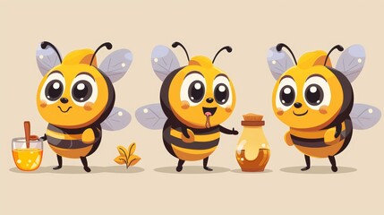 An illustration of a cartoon cute bee with honey pot set. The cute bee carries a honey pot and a bottle of organic honey.