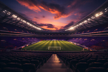 a stadium with a sunset in the background