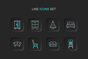 Naklejka premium Set line Chair, Sofa, Big bed, Lamp hanging, Furniture nightstand and Wardrobe icon. Vector