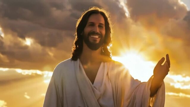 Jesus Christ portrait in rays of holy divine light rays at sunset - 4k new stock video footage AI