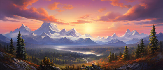 As dawn breaks, the sun's vibrant rays dance over the mystic peaks, casting a warm glow that awakens the serene valley below