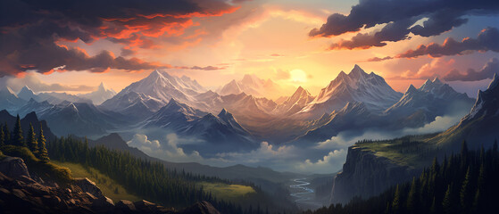 Marvel at the breathtaking beauty where rugged mountains meet the fiery sky in a dance of colors and mist.