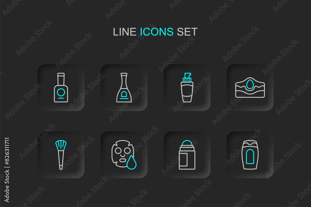 Poster Set line Bottle of shampoo, Deodorant roll, Facial cosmetic mask, Makeup brush, Acne, Tube hand cream, nail polish and icon. Vector