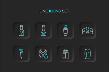 Set line Bottle of shampoo, Deodorant roll, Facial cosmetic mask, Makeup brush, Acne, Tube hand cream, nail polish and icon. Vector