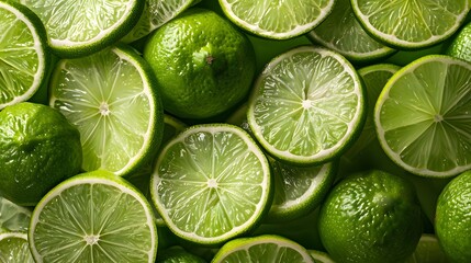 A pile of fresh, vibrant green lime slices arranged neatly on top of each other, creating an eyecatching pattern and showcasing the bright color and texture of limes.
