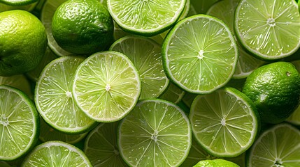 A pile of fresh, vibrant green lime slices arranged neatly on top of each other, creating an eyecatching pattern and showcasing the bright color and texture of limes.

