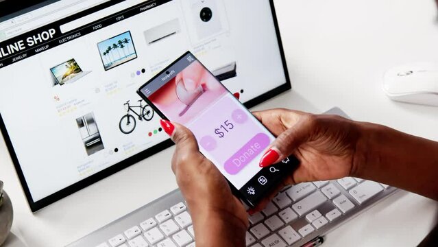 Woman Using Online Money Donation Mobile Phone