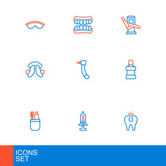 Set line Broken tooth, Syringe, Toothbrush and toothpaste, Mouthwash, Dental plate, drill, Medical dental chair and Dentures model icon. Vector