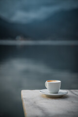 Scenic view of enjoying coffee near Adriatic Sea with Lady of the Rocks in Perast, Montenegro