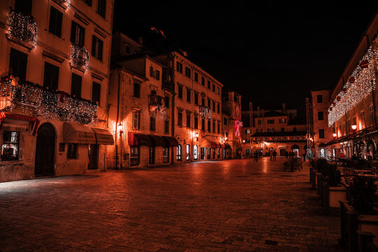 Enchanting night scene of historic architecture and streets in Montenegro's old town, Karadag