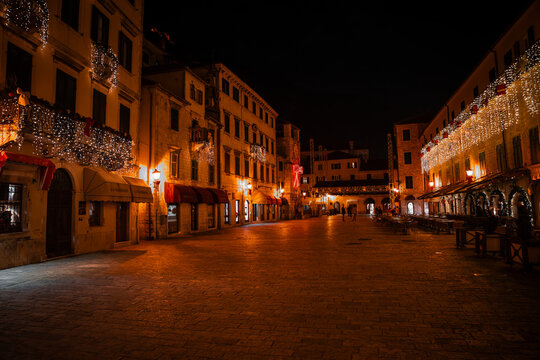 Enchanting night scene of historic architecture and streets in Montenegro's old town, Karadag