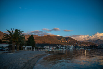 Dramatic sunset clouds over Tivat mountains on Adriatic coast, Montenegro