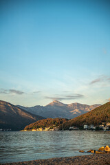 Dramatic sunset clouds over Tivat mountains on Adriatic coast, Montenegro