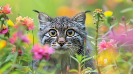 Obraz premium A curious wild cat peers through colorful flowers in a vibrant and lush garden, showcasing its striking eyes and beautiful fur.