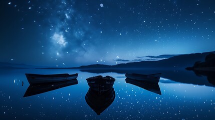 The stunning night sky is filled with stars, and the boats on the lake reflect the beauty of the sky.