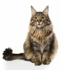 Obraz premium A single fluffy cat sitting and looking up with curious eyes, isolated on a white background. The cat's soft fur and detailed features are clearly visible, providing ample copy space around the image.