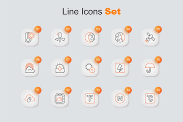 Set line Celsius, Compass north, Fahrenheit, Weather forecast, Cloud with rain, Umbrella, Lightning bolt and Sun icon. Vector