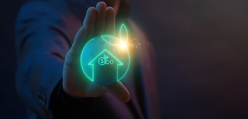 ECO or ecological, renewable energy and save environment concept. Human showing globe with neon...
