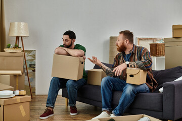 Gay couple sitting on sofa surrounded by moving boxes in their new home, having disagreement and...