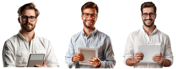 The nerd portrait shows an IT support man isolated on a transparent background for website promotion. Technology, research or programming with a happy male geek for software development.