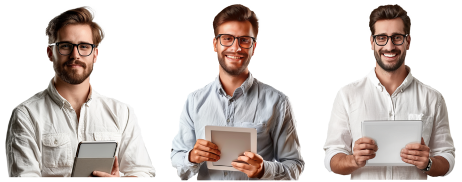 The nerd portrait shows an IT support man isolated on a transparent background for website promotion. Technology, research or programming with a happy male geek for software development.