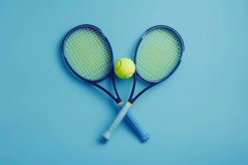 Two tennis rackets and ball form a dynamic arrangement on a vibrant blue backdrop - Powered by Adobe