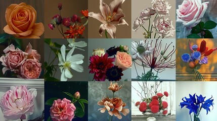   A compilation of various flower arrangements in vases featuring both blooms and foliage