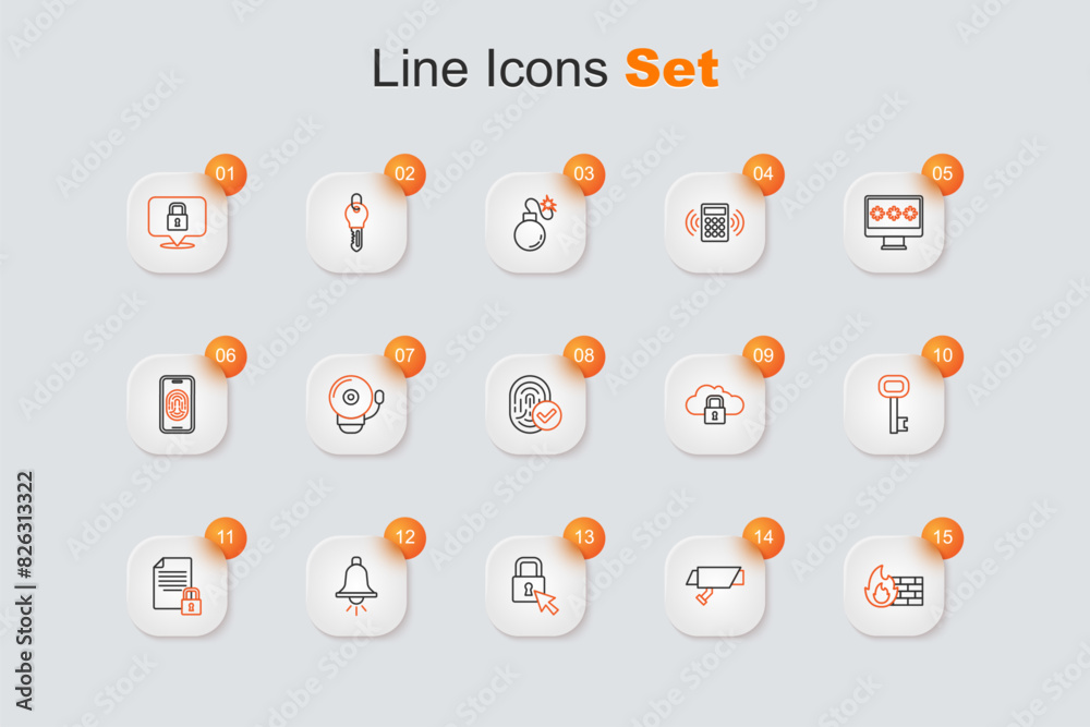 Sticker Set line Firewall, security wall, Security camera, Lock, Ringing alarm bell, Document and lock, Old key, Cloud computing and Fingerprint icon. Vector