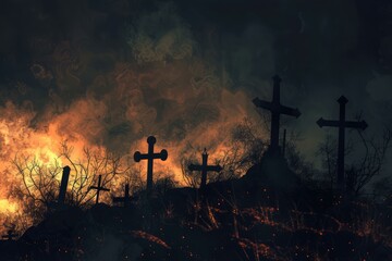 Silhouetted crosses and graves with an eerie, blazing inferno in the dark night